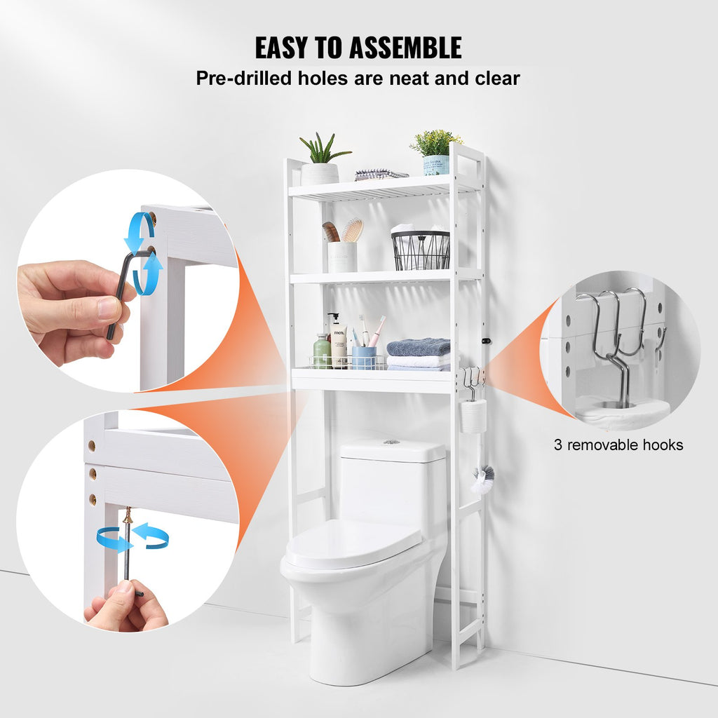 Over The Toilet Storage, 3-Tier Adjustable Over Toilet Bathroom Organizer, Bamboo Storage Shelf Rack With 3 Hooks, Freestanding Easy Assembly Laundry Space Saver, Fit Most Toilets, White