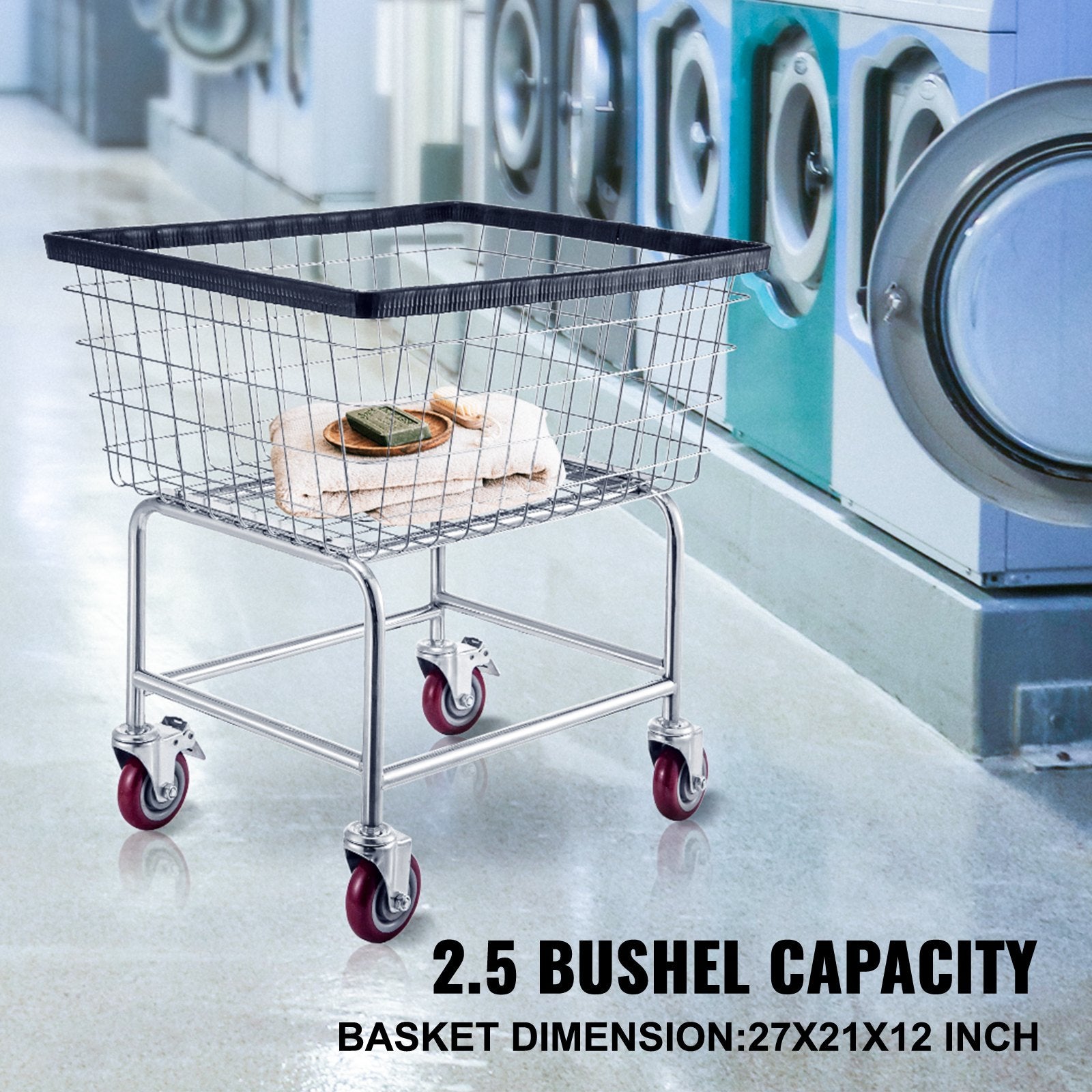 Wire Laundry Cart, 2.5 Bushel Wire Laundry Basket With Wheels,  Commercial Wire Laundry Basket Cart, Steel Frame With Chrome Finish, 4inch Casters, Wire Basket Cart For Laundry
