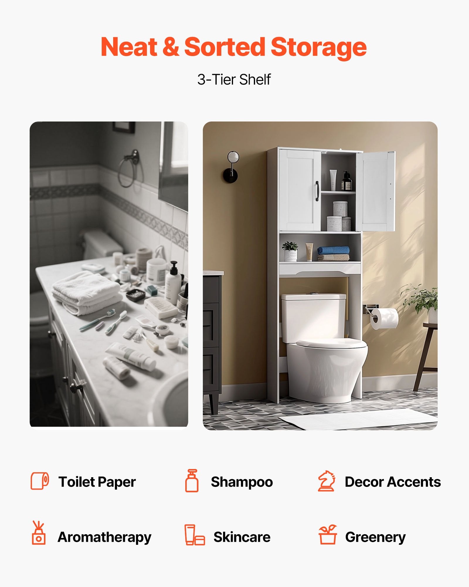 Over The Toilet Storage Cabinet, 65 In Height Bathroom Storage Organizer With Double Door And Adjustable Shelf, Bathroom Space Saver Organizer Above Toilet With Open Shelf, White