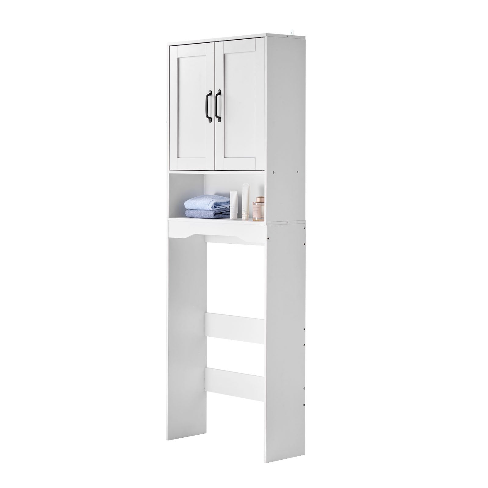 Over The Toilet Storage Cabinet, 65 In Height Bathroom Storage Organizer With Double Door And Adjustable Shelf, Bathroom Space Saver Organizer Above Toilet With Open Shelf, White